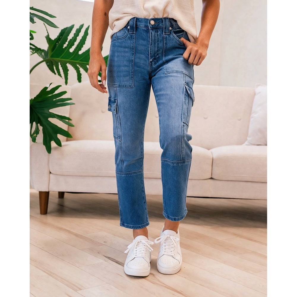KanCan Avery High Rise Straight Leg Cargo Jeans Size 9 / 28 KC7843D Blue Denim